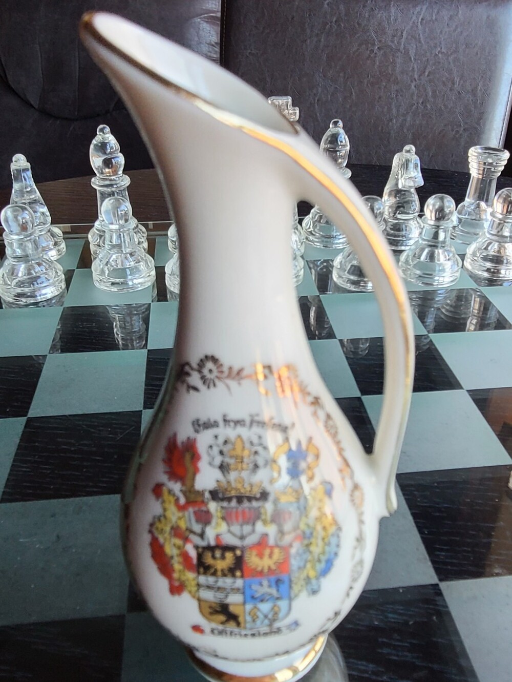 Porcelain Decorative Pitcher with Gold Trim and Multicolor Crest